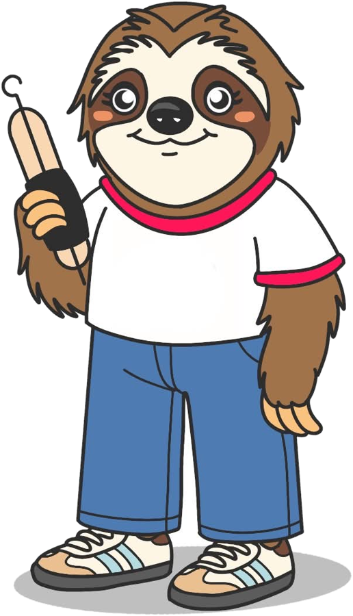 Slow Ink sloth mascot holding a hand poke tool